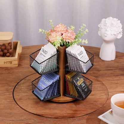 HTB 2 Tier Tea Organizer for Tea Bags, Tea Bag Holder with Acacia Wood Stand and 6 Removable Metal Basket for Sugar Packets, Sweeteners, Creamers for Cabinet, Countertop or Wall-mounted