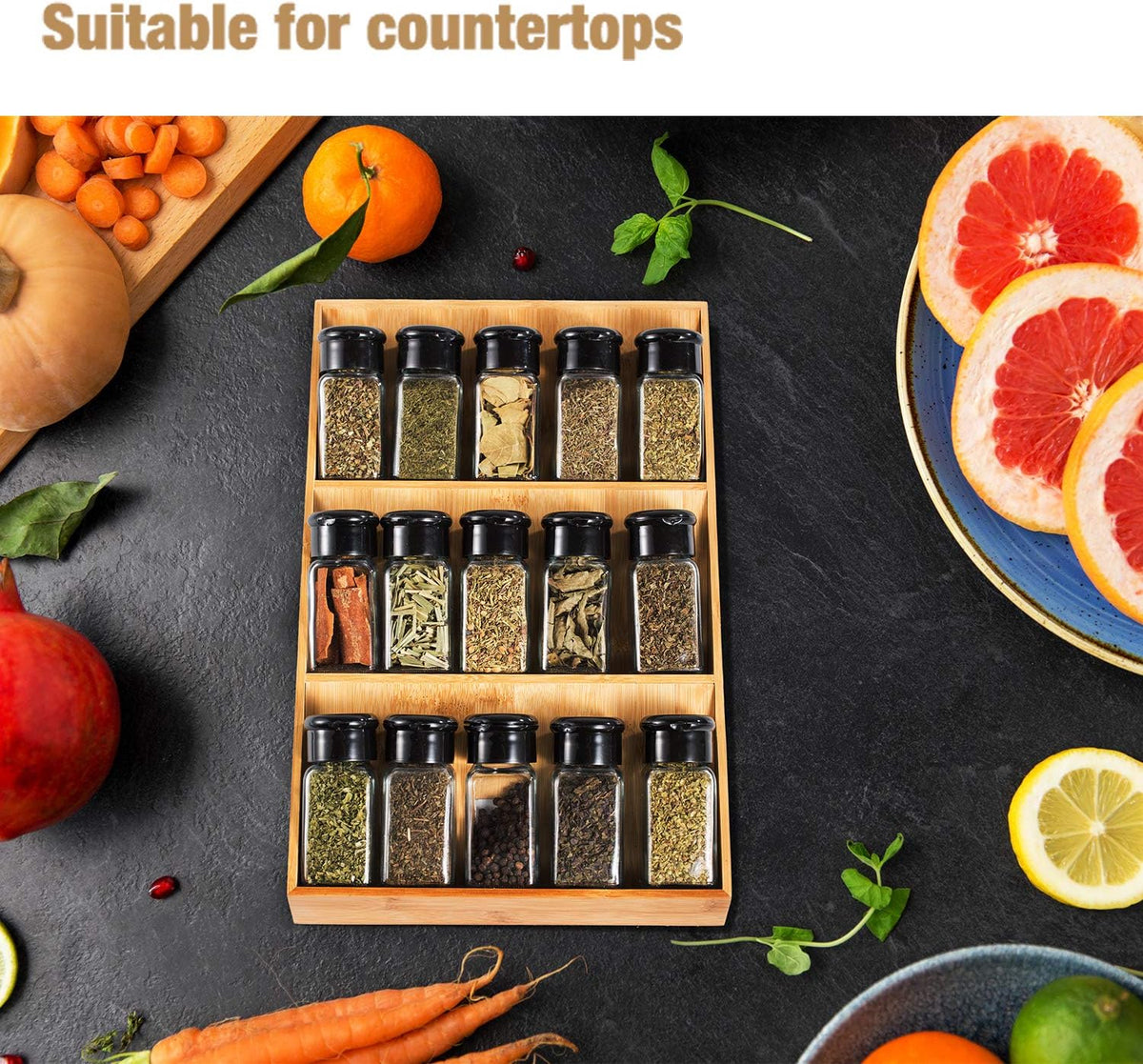 3-Tier Bamboo Drawer Spice Rack Wooden Kitchen Cabinet Spice Organizer Spice Jar Holder, Medicine/Health Care/Vitamin Bottles Storage Rack (Pre-Measure Drawer Dimensions), Drawer Rack
