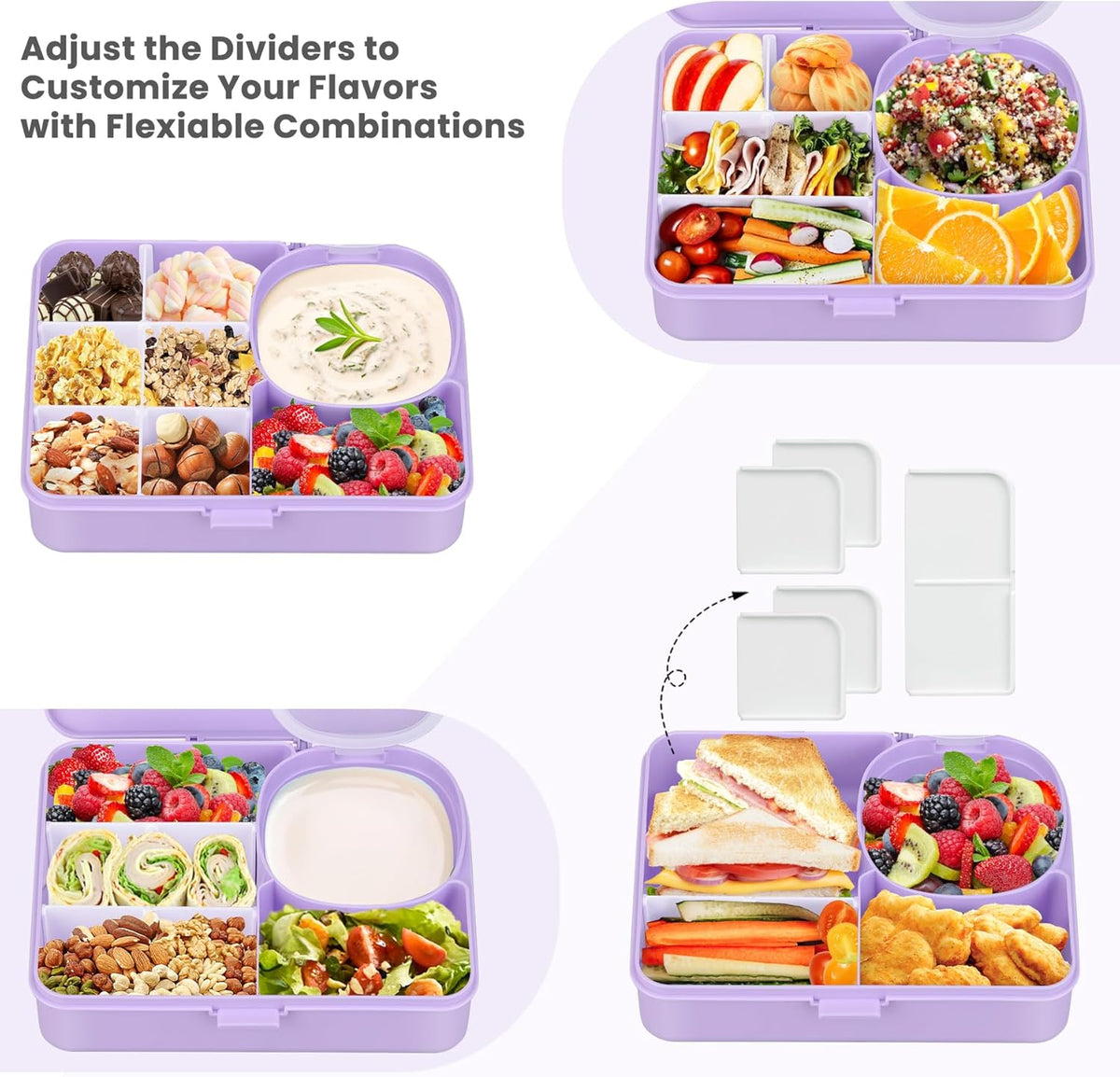 wiwens Snack Box Containers for Kids Adults 2PCS Reusable Snackle Boxes with Adjustable Dividers Airtight Snack Organizers with Compartents Toddler Bento Lunch Box LeakProof for Office,School,Outdoor