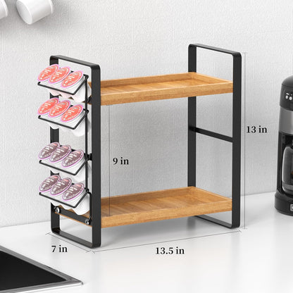 LEMIKKLE 2-Tier Coffee Bar Organizer With Basket,Wooden Counter Shelf for Coffee Bar Accessories,Kitchen Spice Rack Organizer for Countertop-Brown