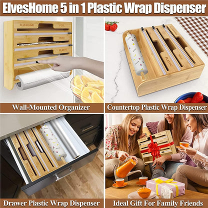 5 in 1 Foil and Plastic Wrap Organizer with Cutter, Plastic Wrap Food Dispenser with Paper Towel Holder for 12 inch Roll Wax Paper Parchment, Wall Mount Aluminum Foil Dispenser for Kitchen Storage