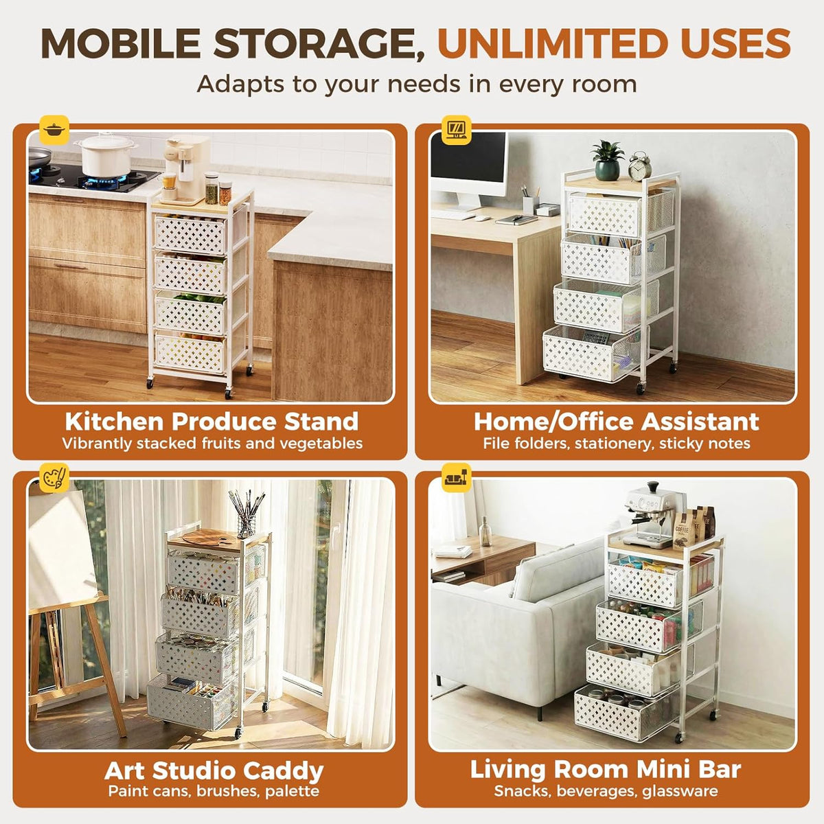 5 Tier Kitchen Storage Cart with Wheels, Utility Fruit Vegetable Storage Rack Stand with Pull-Out Baskets & Wood Top, Metal 4-Drawers Rolling Snack Cart, Kitchen Cart for Potato Onion(Black)