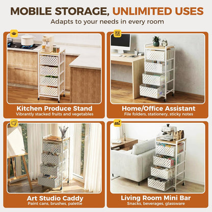 5 Tier Kitchen Storage Cart with Wheels, Utility Fruit Vegetable Storage Rack Stand with Pull-Out Baskets & Wood Top, Metal 4-Drawers Rolling Snack Cart, Kitchen Cart for Potato Onion(Black)