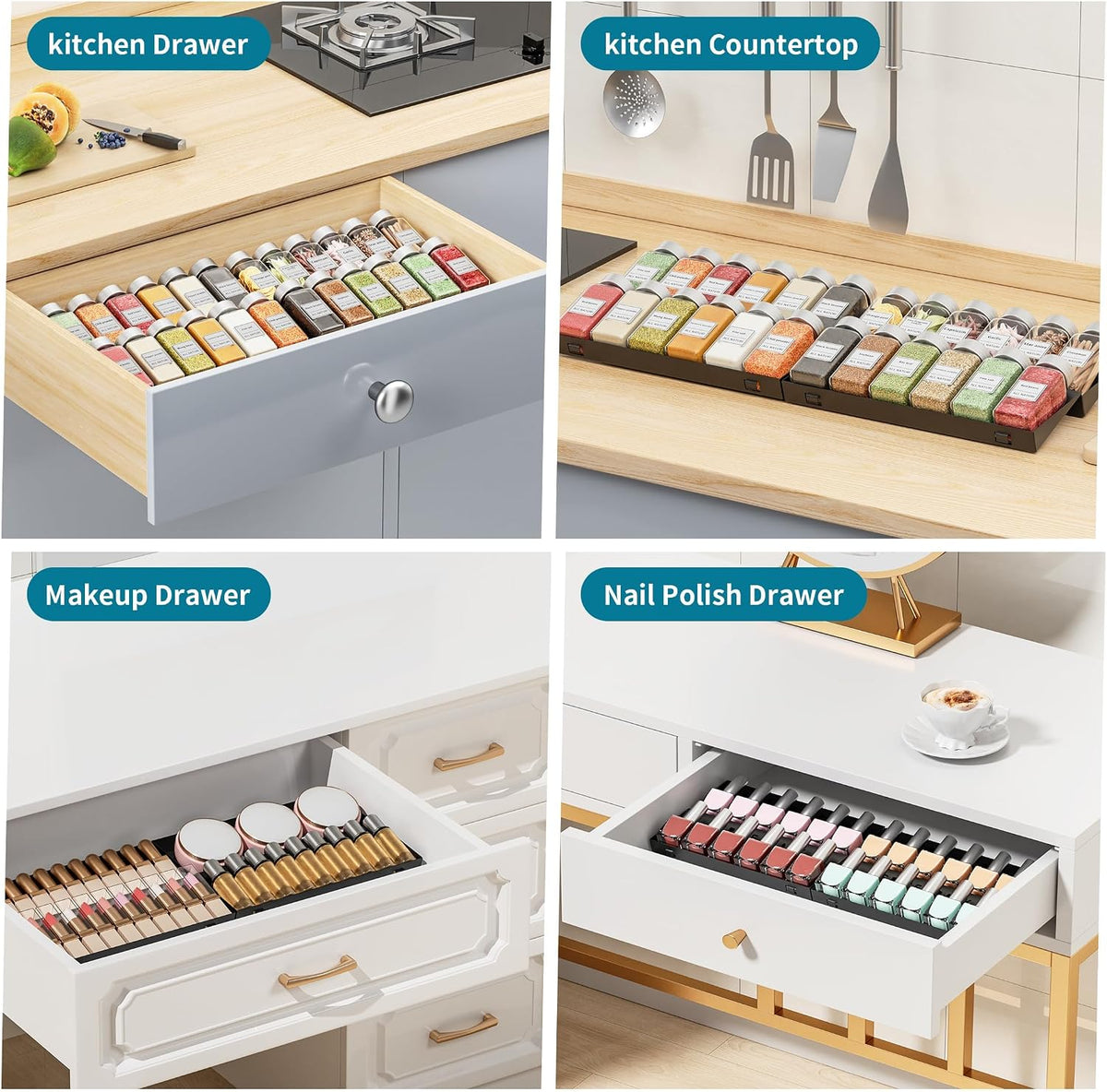 BOIVSHI Spice Drawer Organizer, 4 Tier Metal Spice Organizer for Drawer Insert, Spice Organization for Drawer, Kitchen, Countertop, Pantry (Jars Not Included)