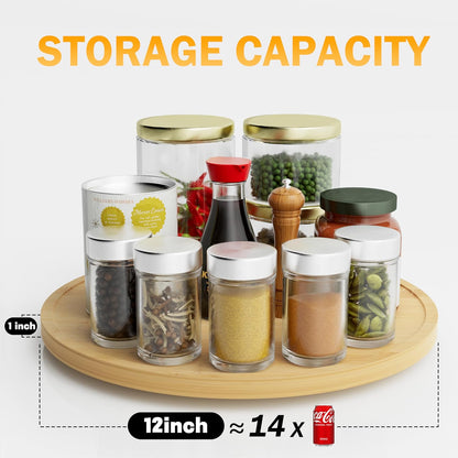 Lazy Susan Organizer Homerays 12 Inch Non-Skid Bamboo Lazy Susan for Kitchen Rotating Spice Rack with Handles, Wood Turntable for Kitchen Cabinet,Countertop (Bamboo, Medium)