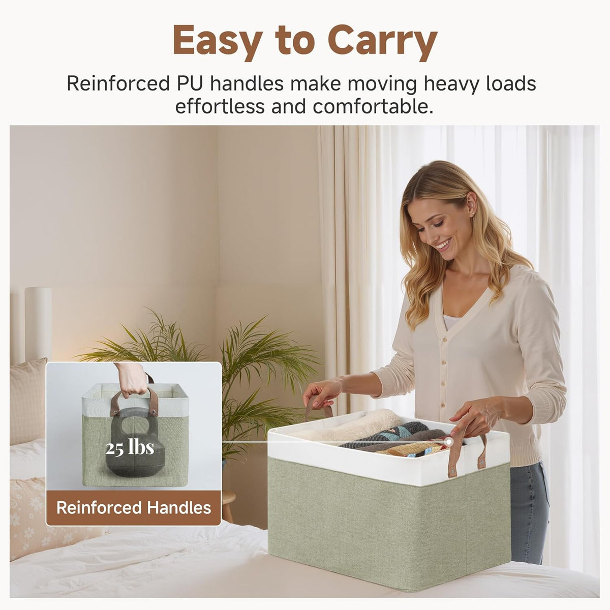 StorageWorks Storage Bins, Shelves Baskets for Organizing, Fabric Closet Organizers with Handles, Metal Frame, Beige-Cotton-linen, 2-Pack