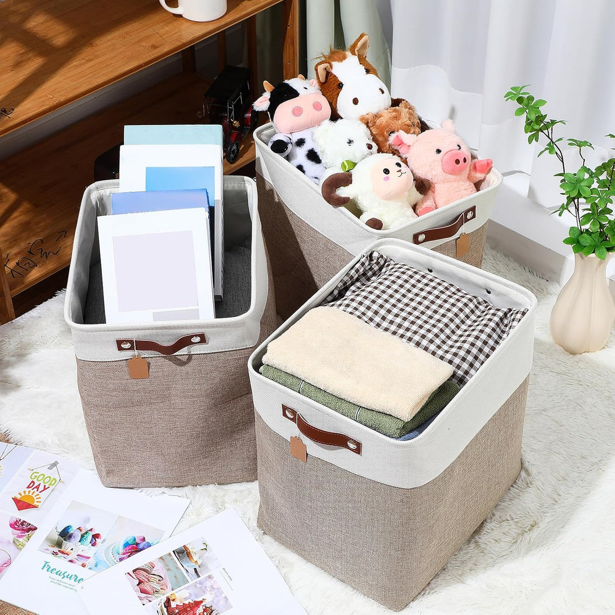 Uiifan 10 Pcs Collapsible Storage Bins Fabric Foldable Storage Basket with Handles Cloth Organizer Linen Shelf Baskets for Shelves Home Closet Nursery Toys(16 x 12 x 10 Inch,Gray and White)