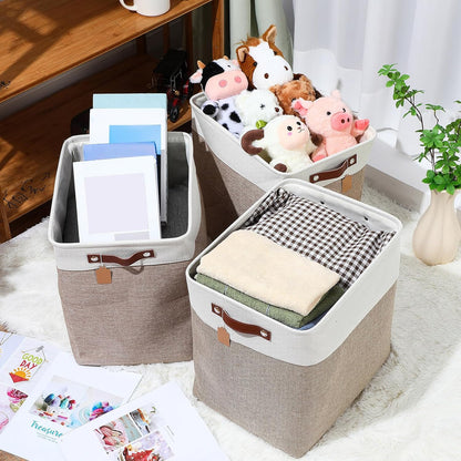 Uiifan 10 Pcs Collapsible Storage Bins Fabric Foldable Storage Basket with Handles Cloth Organizer Linen Shelf Baskets for Shelves Home Closet Nursery Toys(16 x 12 x 10 Inch,Gray and White)