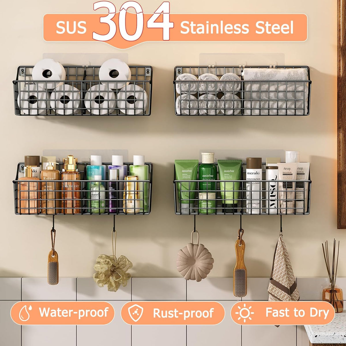 Sonyabecca 6 Pack Hanging Wall Basket for Organizing, Large Wire Basket for Storage Pantry with 5 S Hook+6 Adhesive Hook, Wall Mounted Shelf for Kitchen Bathroom