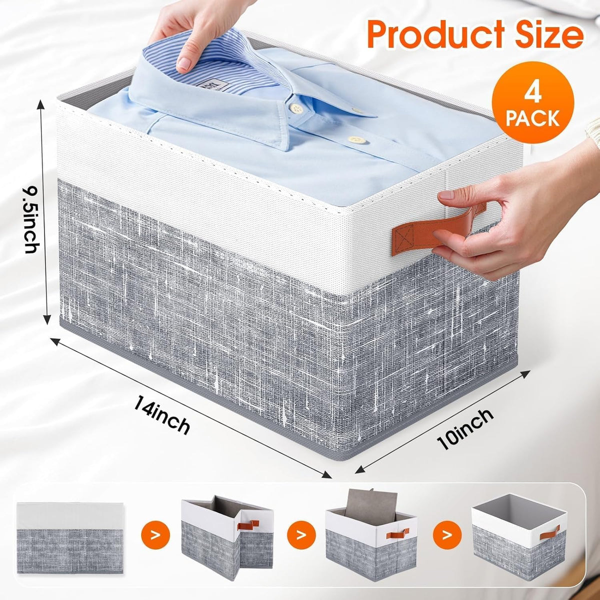 Fab totes Collapsible Storage Baskets for Shelves,14"x10", Foldable Fabric Storage Bins with Double Leather Handles, Large Baskets for Organizing Books, Clothes, White & Grey