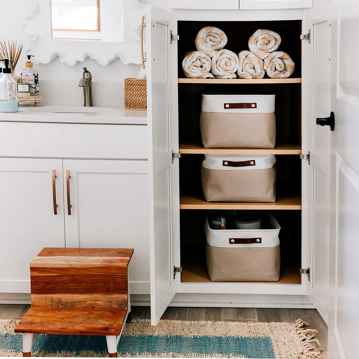 OrganiHaus 12x8in Canvas Storage Baskets 3 Pack | SMALL Fabric Bins for Shelves | Pantry & Bathroom Organizer | Beige/Off-White