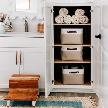 OrganiHaus 12x8in Canvas Storage Baskets 3 Pack | SMALL Fabric Bins for Shelves | Pantry & Bathroom Organizer | Beige/Off-White