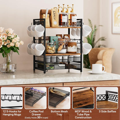 Plaviya Coffee Bar Station Organizer, 4 Tier K Cup Organizer Mug Holder with 12 Hooks, Coffee Pod Holder, Multifunctional Countertop Organizer for Kitchen