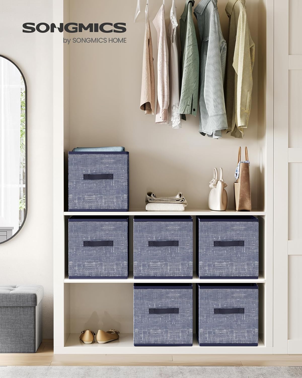 SONGMICS Storage Cubes, 11-Inch Non-Woven Fabric Bins with Double Handles, Set of 6, Closet Organizers for Shelves, Foldable, for Clothes, Cattail Gray UROB26LG