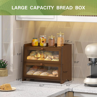 JANSNIMEN Double Layer Bread Box for Kitchen Countertop, Large Breadbox Bread Container Storage with Acrylic Door, Wooden Farmhouse Bread Holder (Black, Medim-15.7" L x 9.5" W x 13" H)