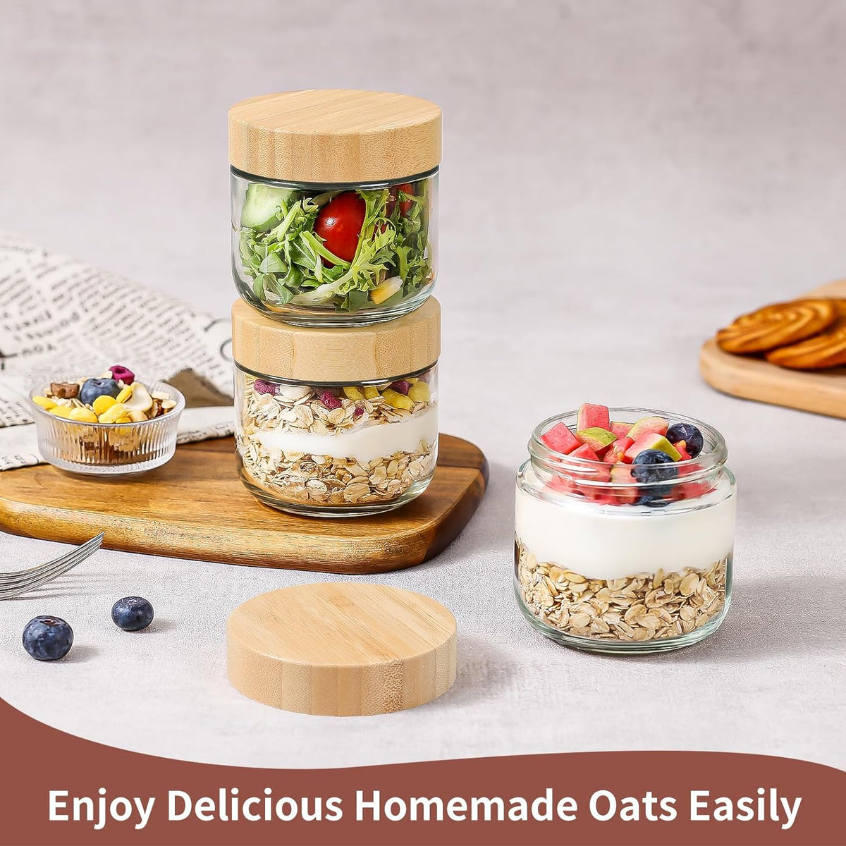 DRKIO 16 Oz Overnight Oats Containers with Bamboo Lids - 4 Pack Glass Storage Jars with Airtight Lids Wide Mouth Mason Food Jars Great for Meal Prep Salad Chia Pudding Snacks Yogurt Sugar Spice Cereal