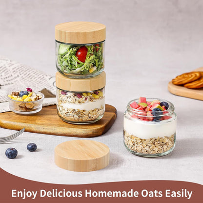 DRKIO 16 Oz Overnight Oats Containers with Bamboo Lids - 4 Pack Glass Storage Jars with Airtight Lids Wide Mouth Mason Food Jars Great for Meal Prep Salad Chia Pudding Snacks Yogurt Sugar Spice Cereal