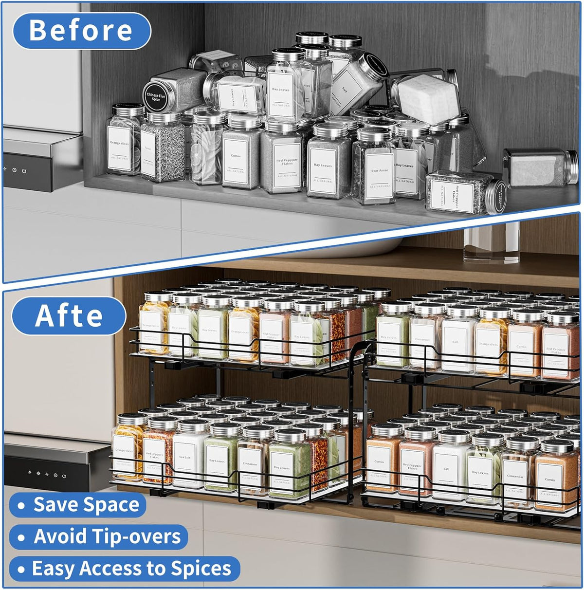 BOIVSHI 2-Tier Spice Rack, Pull Out Cabinet Organizer Spice Racks Height Adjustable Heavy Duty Metal Basket for Inside Cabinets & Pantry Closet(9.5''Wx10.5''Dx9.5''H)