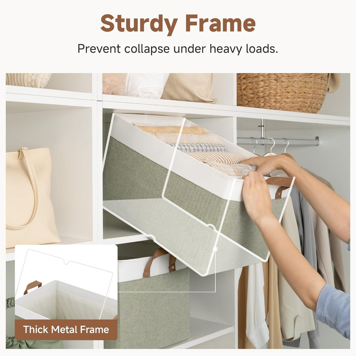 StorageWorks Storage Bins, Shelves Baskets for Organizing, Fabric Closet Organizers with Handles, Metal Frame, Beige-Cotton-linen, 2-Pack