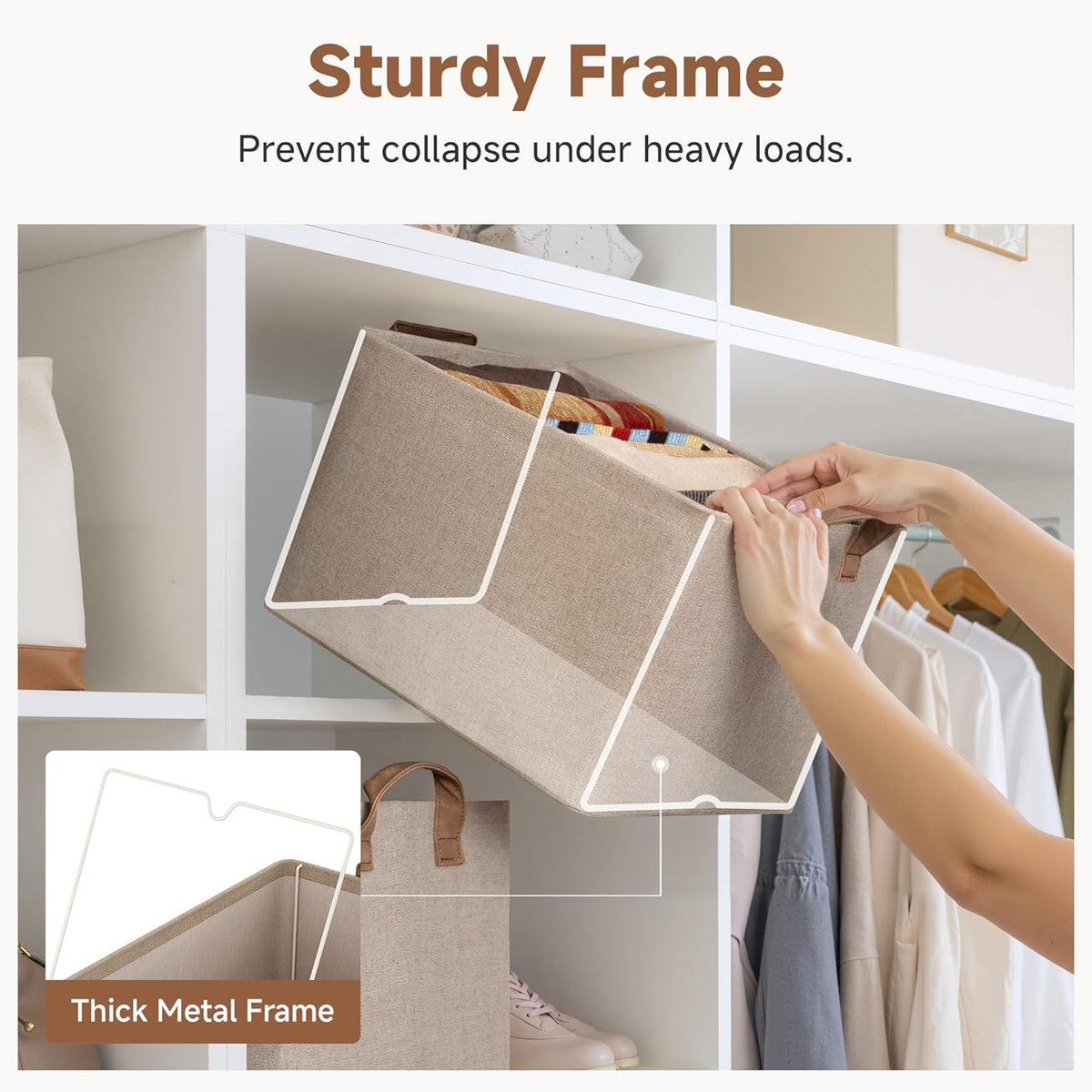 StorageWorks Storage Bins, Shelves Baskets for Organizing, Fabric Closet Organizers with Handles, Metal Frame, Beige-Cotton-linen, 2-Pack