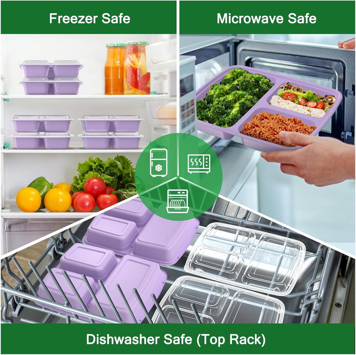 50 Pack (100-Piece) 32 oz Meal Prep Containers Reusable with Lids 3-Compartment, To Go Take Out Plastic Food Storage Containers, Sturdy Leakproof Food Safe, Microwave Freezer Dishwasher Safe, Black