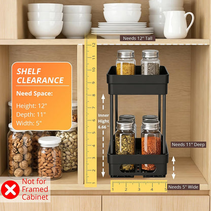 Pull Out Spice Rack Organizer for Cabinet, Slide Out Spice Racks Organizer, Spice Cabinet Organizers, Cabinet Size Need:12'' Highx11'' Deepx5'' Wide,Hold 10 Spice Jar Each Tier-2Tier, Black