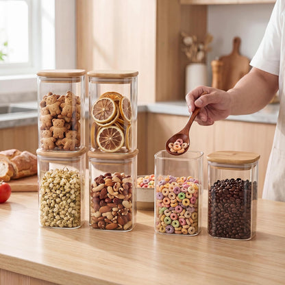SENTVEND 37 Oz Glass Storage Jars with Bamboo Lids - 6 Pack Clear Glass Canisters Square Airtight Stackable Ideal for Pantry Storage Containers Organizers Great for Storing Oats Coffee Beans Nuts etc