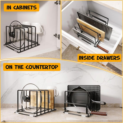 Cutting Board Organizer Rack with 7 Compartments, Heavy-Duty Iron Pan and Baking Sheet Organizer, Kitchen Cabinet Storage Rack with Non-Slip Base, Space-Saving Pot Lid Holder for Countertop & Pantry