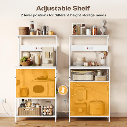 SUPERJARE Kitchen Bakers Rack with Power Outlet, Coffee Bar Table 4 Tiers, Kitchen Microwave Stand with 6 S-shaped Hooks, Storage Shelf Rack for Spices, Pots and Pans - Rustic Brown