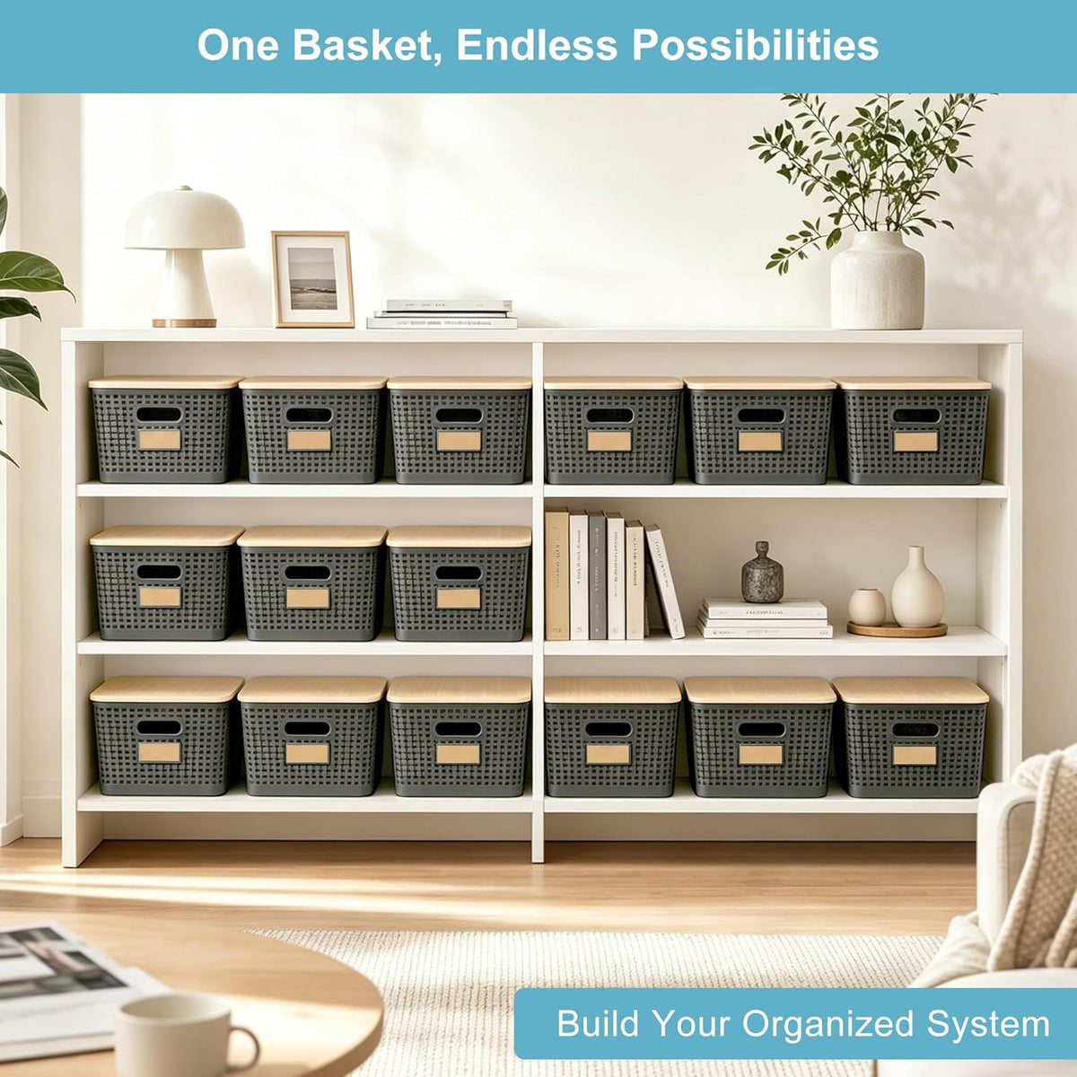 Bagnizer Small Plastic Storage Bins with Bamboo Lids 5.2qt Stackable Box Basket Pantry Decorative Containers Cute with Labels for Organizing Desktop Closet Office Cream White of 10*7.2*4.1"