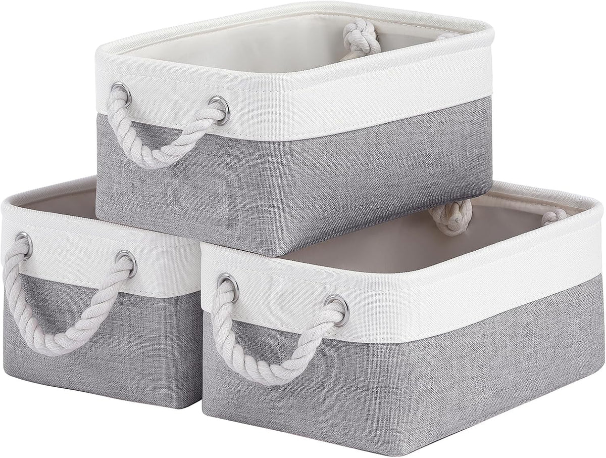 Large Storage Baskets- 15.7x11.8x8.26 inch Storage Bins for Shelves and Closet Organizing, Foldable Fabric Bin for Home Organization Clothes and Laundry (3-Pack, White&Khaki)