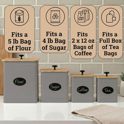 Kitchen Canisters for Countertop Set of 4 with Customizable Chalkboard Labels & Marker Pen - Big Iron Kitchen Canisters with Airtight Lids - Black Canister Set - Flour and Sugar Containers Farmhouse
