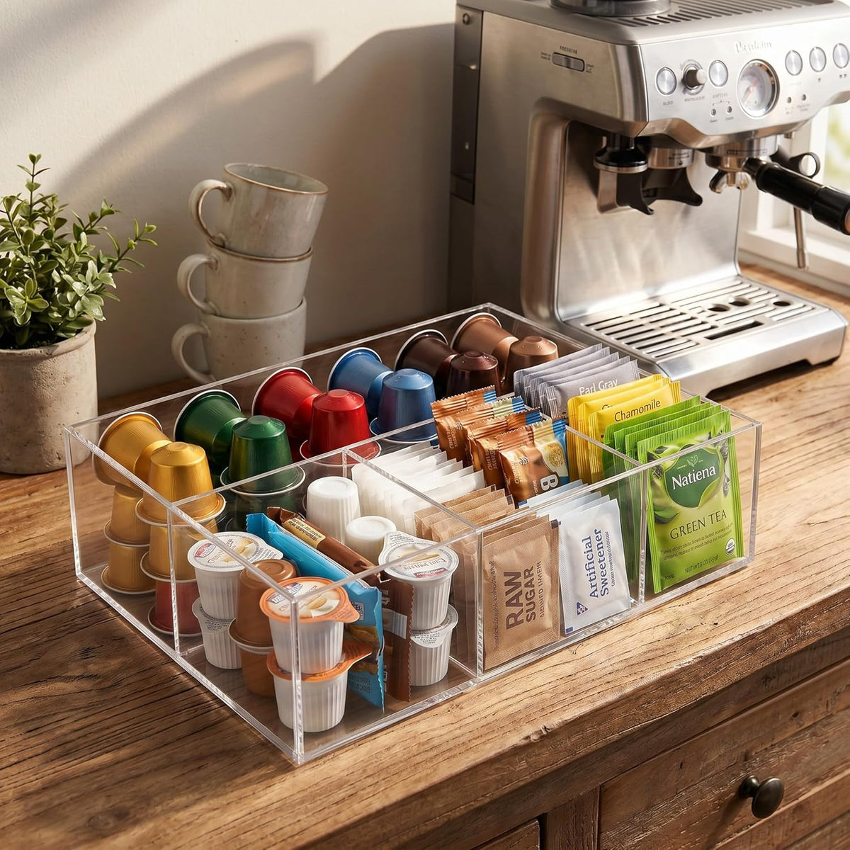 Coffee Bar Organizer for Countertop – Wooden Coffee Caddy with Compartments for Pods, Sugar Packets, and Accessories – Coffee Condiment Station Storage for Home and Office (Black)