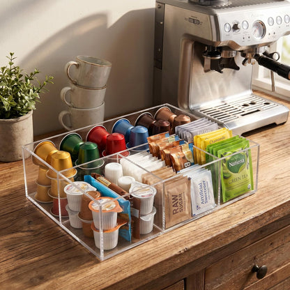 Coffee Bar Organizer for Countertop – Wooden Coffee Caddy with Compartments for Pods, Sugar Packets, and Accessories – Coffee Condiment Station Storage for Home and Office (Black)