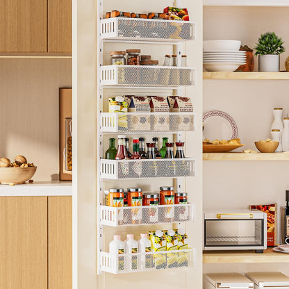 6-Tier Over The Door Pantry Organizer with Mesh Baskets, Adjustable & Stable Hanging Spice Rack for Kitchen, Bathroom, Bedroom, and Baby Essentials Storage