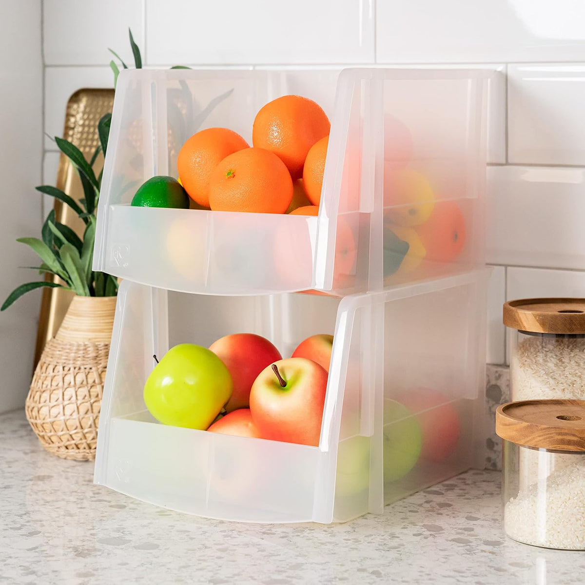 IRIS USA Clear Plastic Stackable Storage Bins, Large-, Open Front Fridge Pantry Kitchen Closet Cabinet Bathroom Organizer Basket for Organizing Snack, Cans, Office Supplies, and Coffee Pods