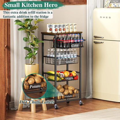 OKZEST 4-Tier Kitchen Storage Cart on Wheels – Mobile Fruit Basket Stand with Drawers & Wooden Top, Small Rolling Pantry Shelf for Potatoes, Onions, Bottled Drinks, Cans, Snacks – Includes 3 PE Liners