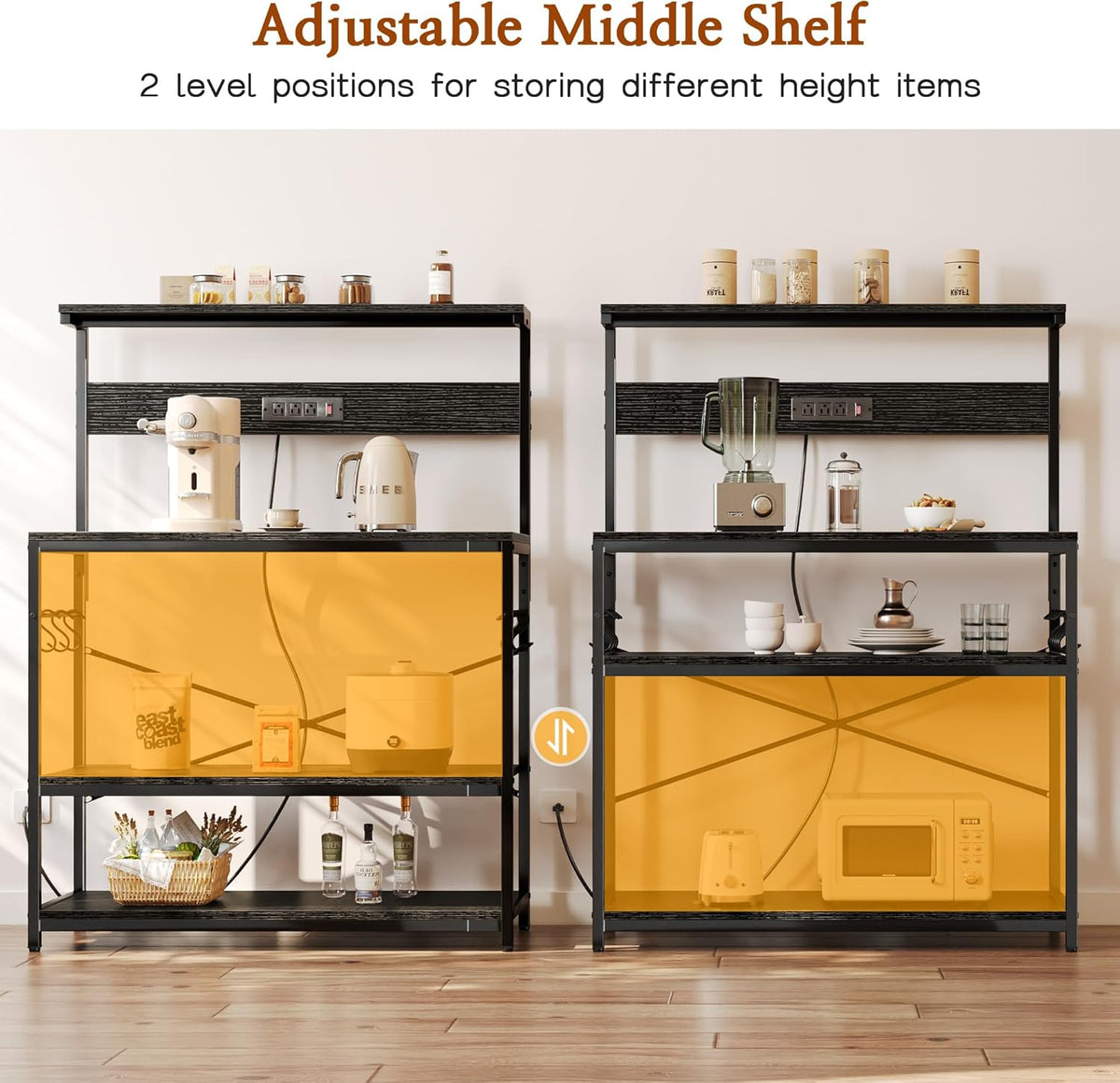 SUPERJARE Kitchen Bakers Rack with Power Outlet, Coffee Bar Table 4 Tiers, Kitchen Microwave Stand with 6 S-shaped Hooks, Storage Shelf Rack for Spices, Pots and Pans - Rustic Brown