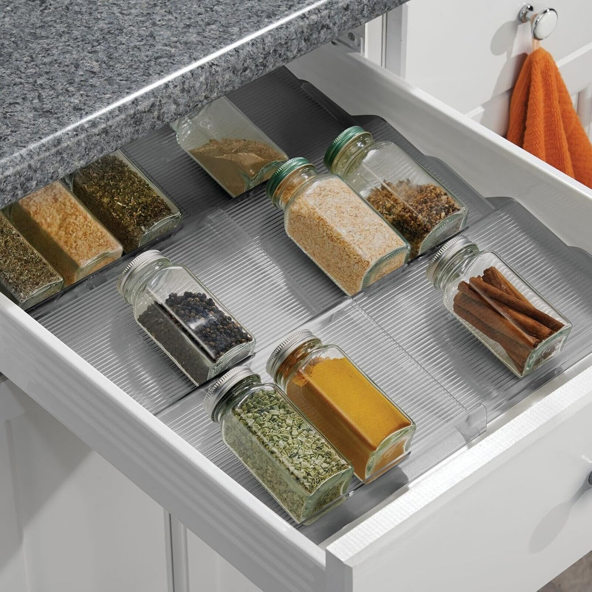 mDesign Expandable Plastic Deluxe Spice Rack, Drawer Organizer for Kitchen Cabinet Drawers, 3 Tier Slanted for Spice Jars, Food Seasoning Bottle Storage, Ligne Collection - Clear