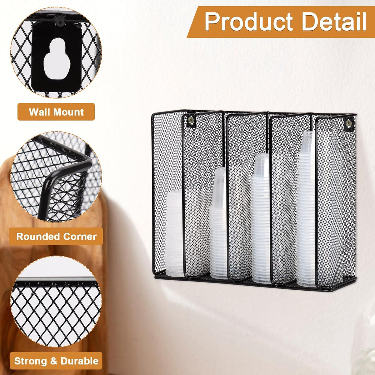 Wall Mount Portion Sauce Cup Lid Organizer 4 Compartments Iron Sauce Cup Dispenser Black Cup and Lid Holder Organizer Fits Cups Size 2 to 4 oz For Kitchen Counter Restaurant Coffee Bar 13x10x3.3 In