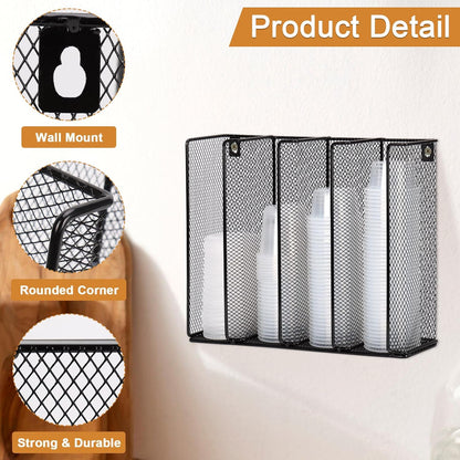 Wall Mount Portion Sauce Cup Lid Organizer 4 Compartments Iron Sauce Cup Dispenser Black Cup and Lid Holder Organizer Fits Cups Size 2 to 4 oz For Kitchen Counter Restaurant Coffee Bar 13x10x3.3 In
