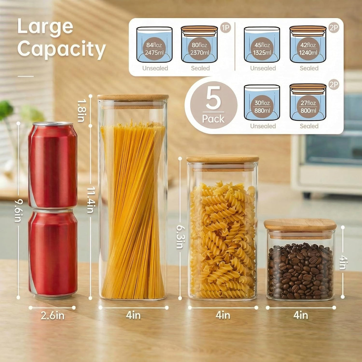 Extra Large Square Glass Flour & Sugar Storage Containers with Airtight Lids, 168 floz - Glass Jars with Bamboo Lids for Pantry, Air tight Food Storage Containers for Cereal, Pasta, Rice
