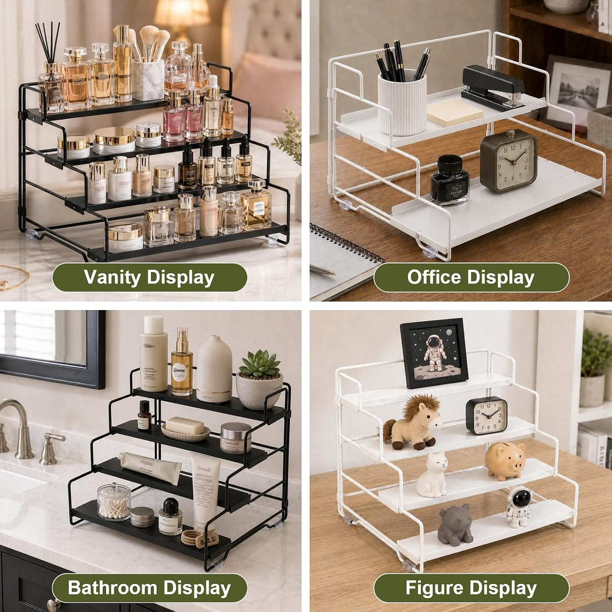 Spice Rack Organizer for Cabinet, Tiered Adjustable Spice Shelf Organization, Metal Seasoning Rack for Kitchen Countertop Cupboard Pantry, Raised Edge Anti-Slip Design for Jars and Bottles