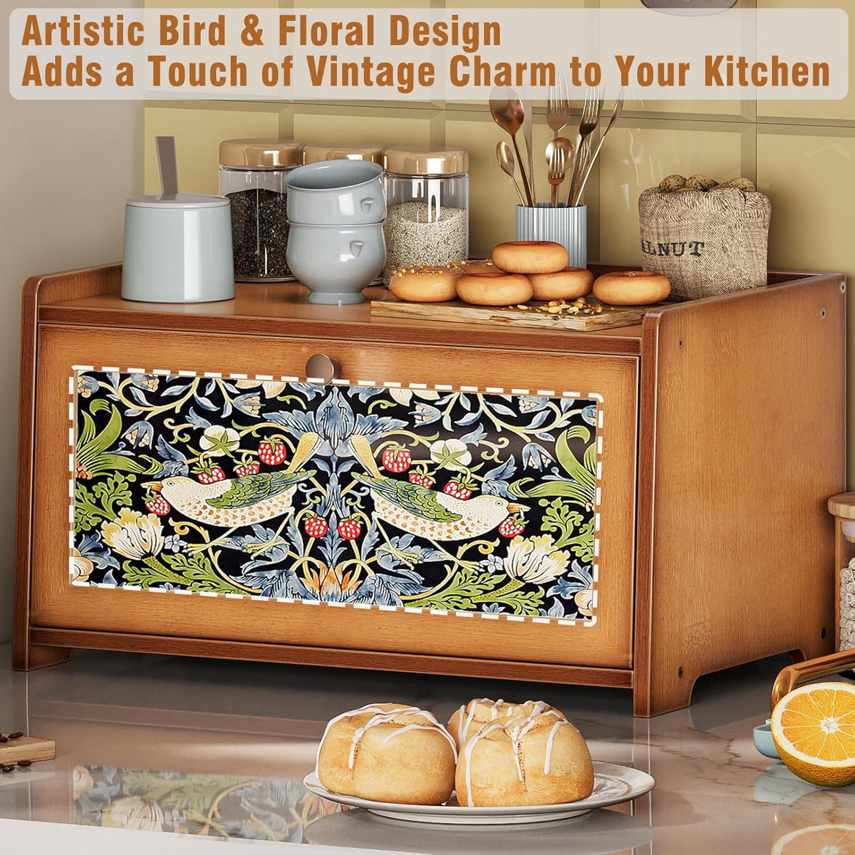 Trironsun Bread Box for Kitchen Counter Black Bread Storage Container with Acrylic Door William Morris Flower Bird Design Farmhouse Breadbox Organizer (Black)