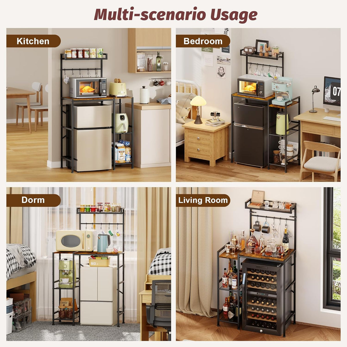 Yuyetuyo Mini Fridge Stand with Storage Shelves, Wine Cabinet, Microwave Stand, Coffee Bar, TV Stand, Bakers Rack, Beverage Refrigerator Table Adjustable for Dorm Apartment Kitchen Rustic Brown