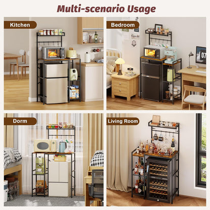 Yuyetuyo Mini Fridge Stand with Storage Shelves, Wine Cabinet, Microwave Stand, Coffee Bar, TV Stand, Bakers Rack, Beverage Refrigerator Table Adjustable for Dorm Apartment Kitchen Rustic Brown