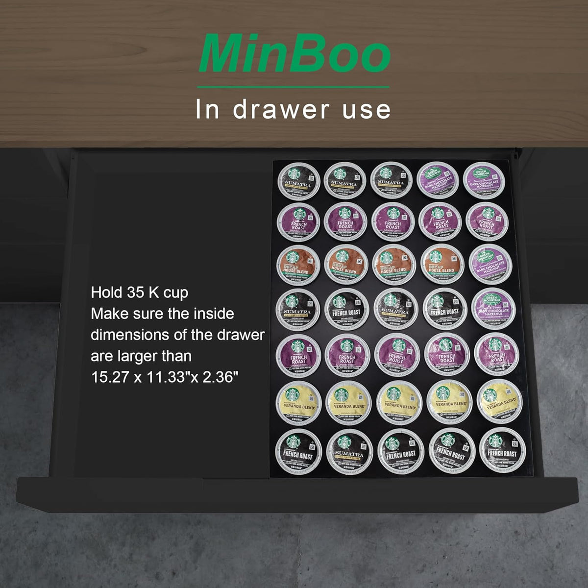 MinBoo BamBoo k cup holder Drawer or Countertop k cup Organizer Coffee Pod Holder Hold 35 Coffee Pod Storage Kcup coffee pods holder for coffee station Office and Kitchen k cup storage
