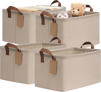 CHICVITA 4 Pack Large Storage Baskets for Shelves, Collapsible Closet Organizer Bins with Metal Frame, Fabric Storage Bins for Clothes Towels Organization, 16.8" x 11" x 9.8", Beige