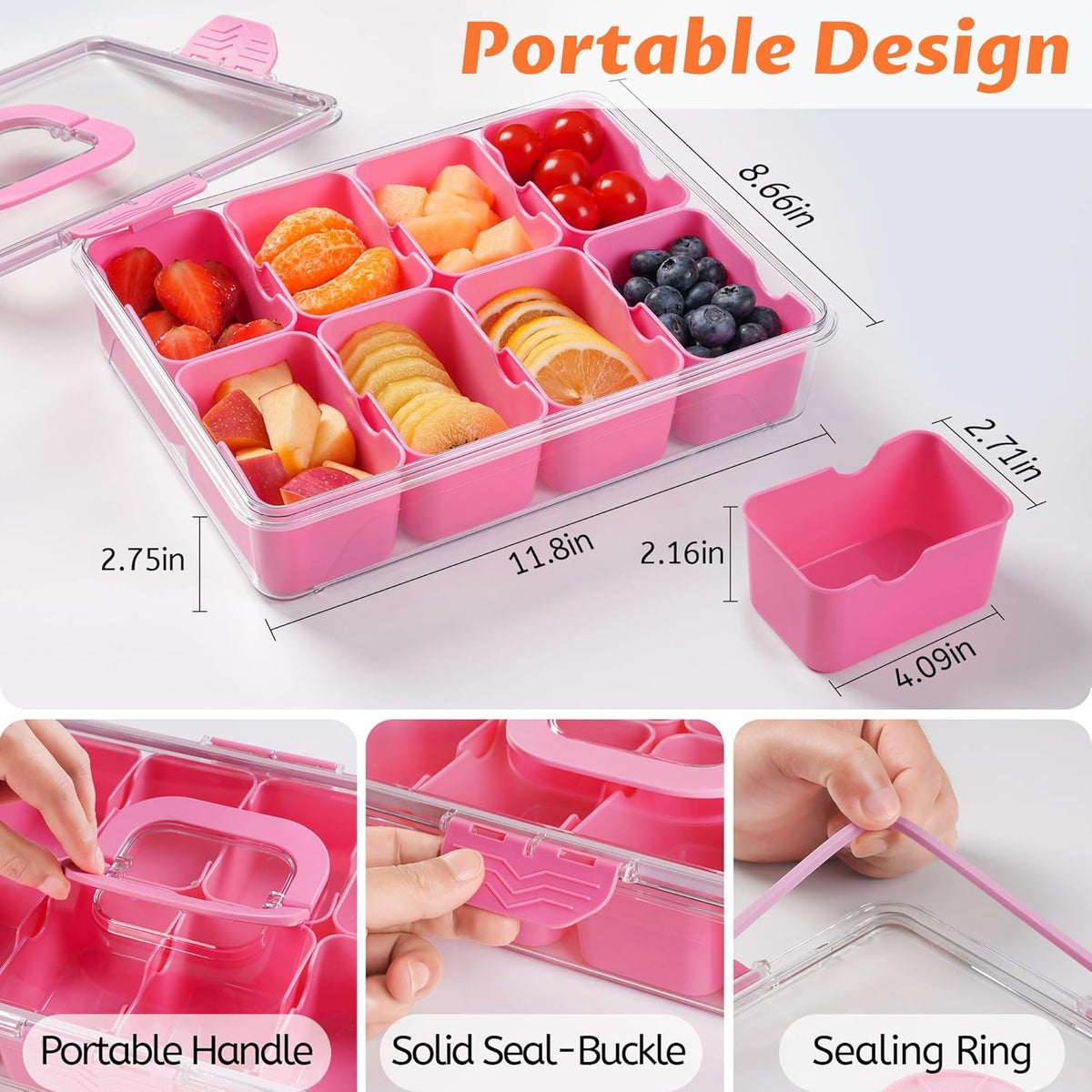 TCHZA Snackle Box Container, Dishwasher Safety - Divided Serving Tray with Lid and Handle, Charcuterie Board for Portable Snack Platters - Clear Organizer for Fruits Snacks,Perfect for Road Travel