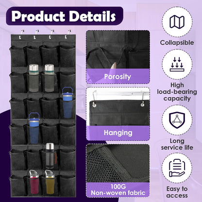 Over The Door Water Bottle Organizer for Stanley, Multi-Functional 24 Pockets Water Bottle Organizer for Door, Foldable Wall-Mounted Design, Over The Door Cup Holder for Kitchens and RV